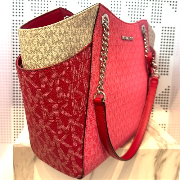 Michael Kors Jet Set LG Color-Block Signature Logo Shoulder Bag Dark Rasberry - Picture 6 of 11